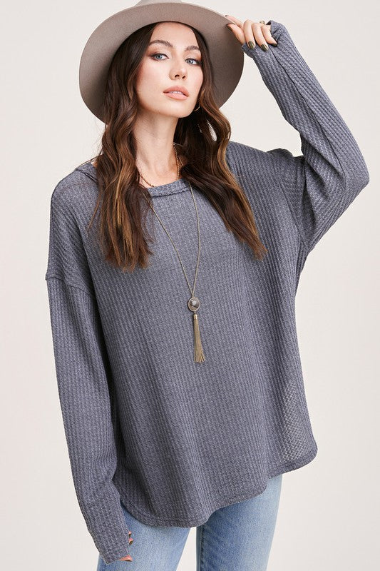 La Miel Soft And Lightweight Waffle Weave Basic Top - Charcoal available at The Good Life Boutique