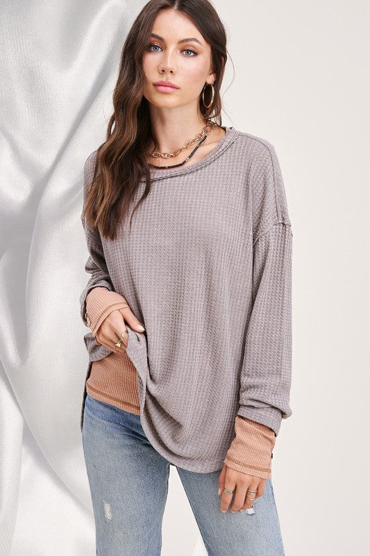 La Miel Soft And Lightweight Waffle Weave Basic Top - Mocha available at The Good Life Boutique