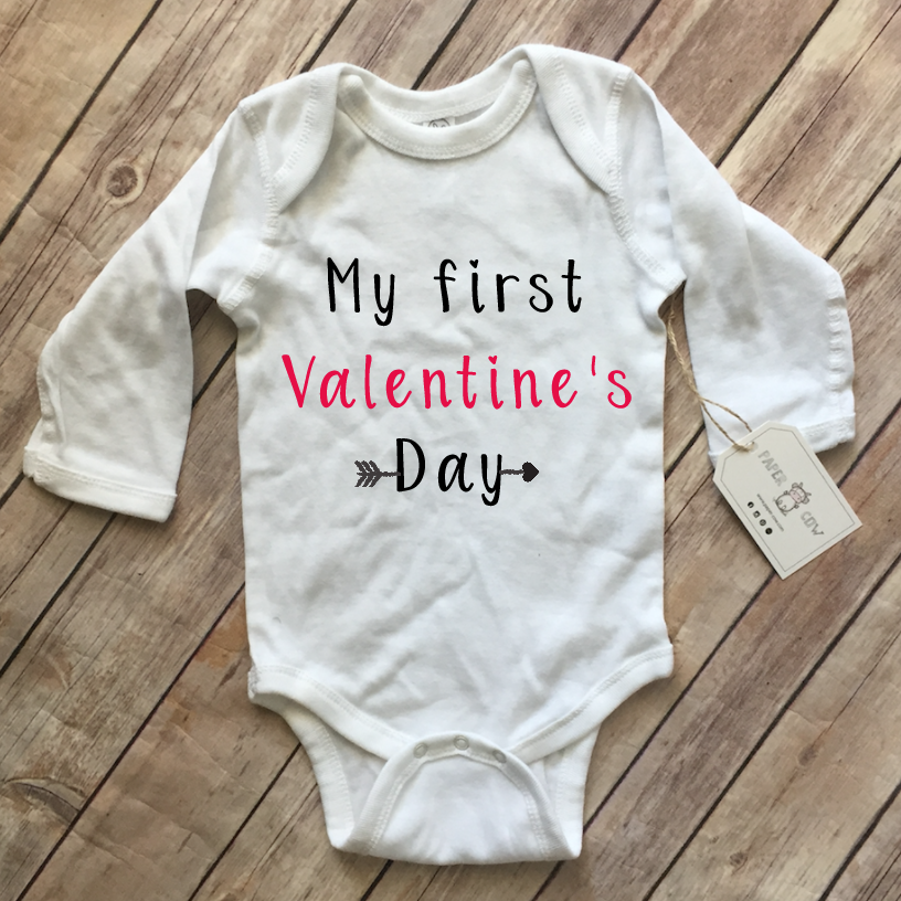 Paper Cow LLC My First Valentine's Day Baby Bodysuit - Long Sleeve - White available at The Good Life Boutique