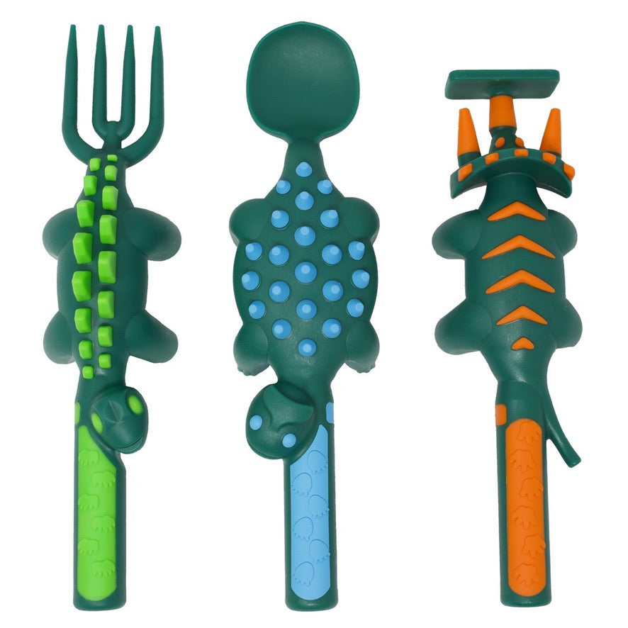 Constructive Eating Constructive Eating - Set of 3 Dino Utensils - Green available at The Good Life Boutique