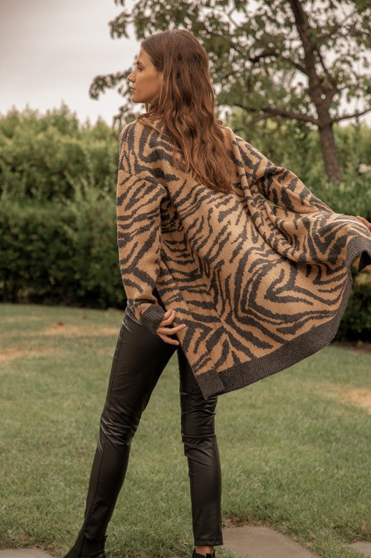 Hem & Thread Tiger Print Jacquard Sweater Cardigan - Camel Black available at The Good Life Boutique