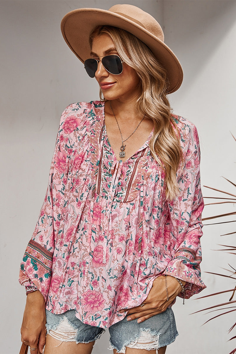 Mountain Valley Trading Floral V Neck Loose Long Sleeve Top - Pink available at The Good Life Boutique