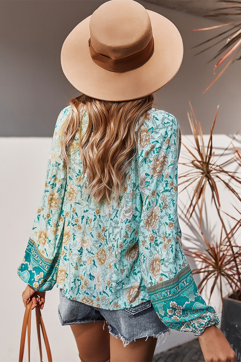 Mountain Valley Trading Floral V Neck Loose Long Sleeve Top - Green available at The Good Life Boutique