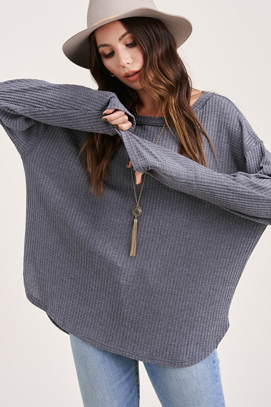 La Miel Soft And Lightweight Waffle Weave Basic Top - Charcoal available at The Good Life Boutique