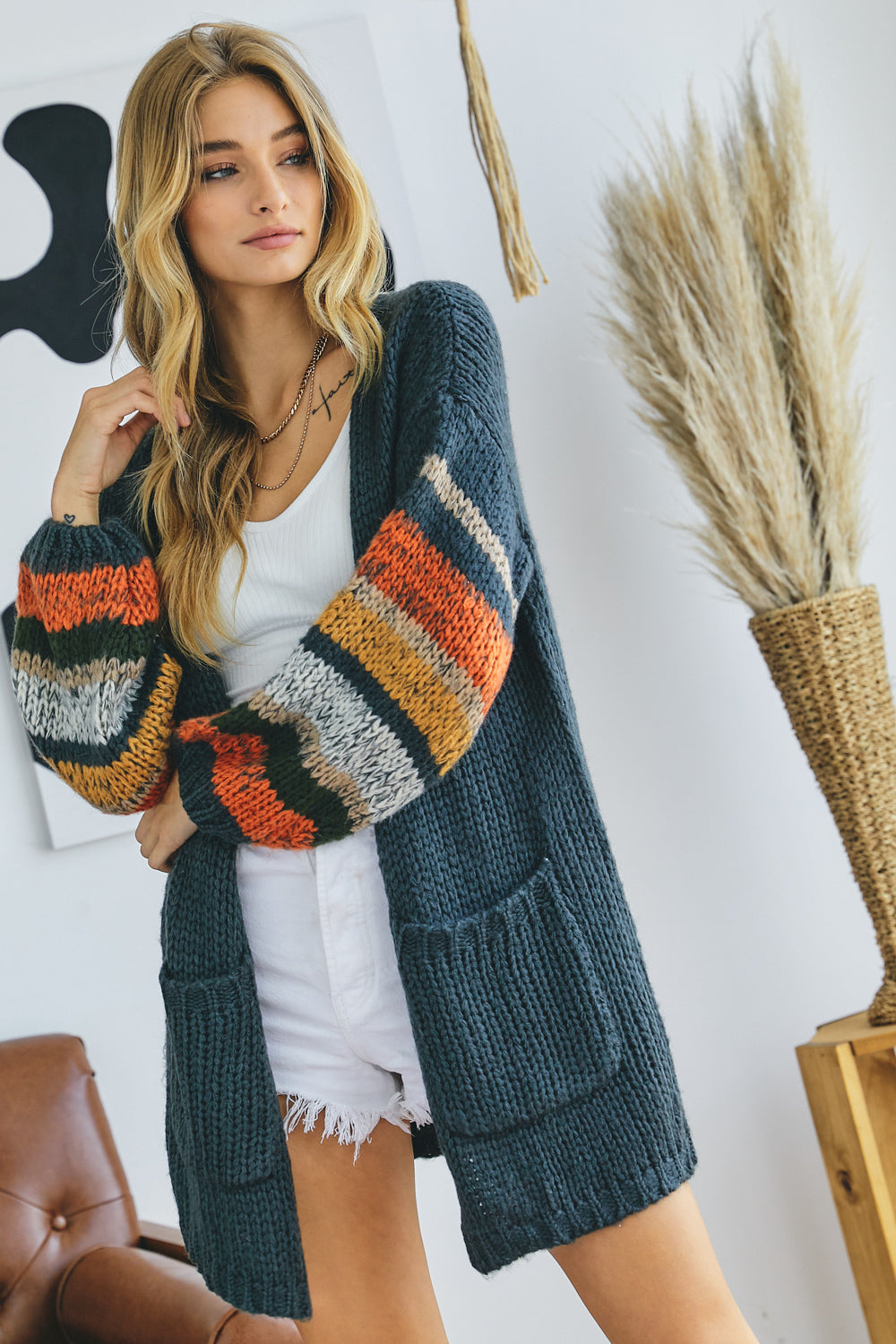 Davi&Dani Open Front Sleeve Striped Cozy Cardigan - Charcoal Grey available at The Good Life Boutique