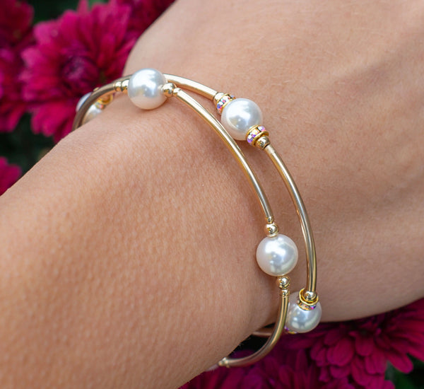 Made As Intended 8mm Crystal White Pearl Bless Bracelet - Gold Links available at The Good Life Boutique