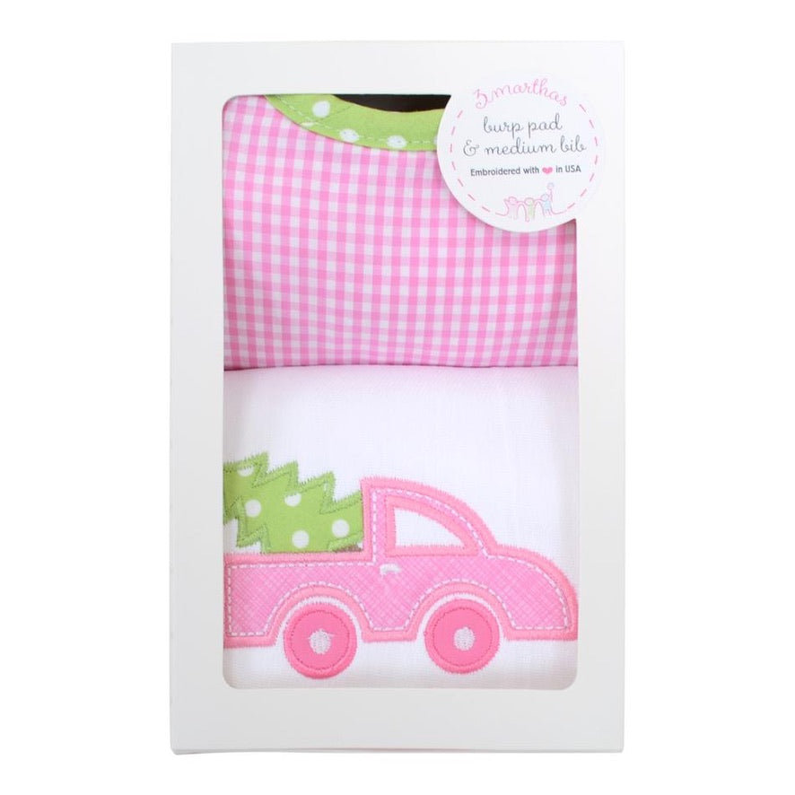 3 Marthas Pink Christmas Truck Medium Bib and Burp Box Set available at The Good Life Boutique