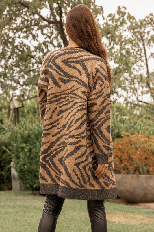 Hem & Thread Tiger Print Jacquard Sweater Cardigan - Camel Black available at The Good Life Boutique