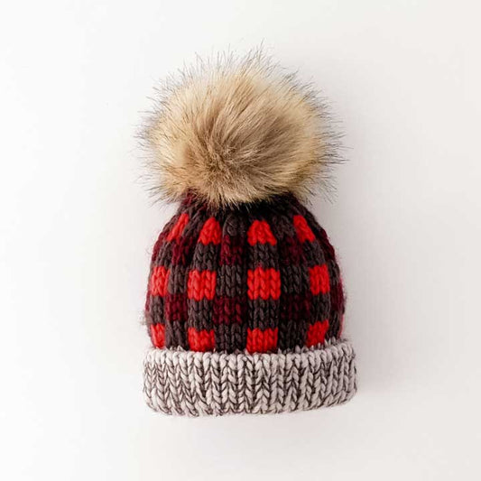 Huggalugs Red Buffalo Check Pom Pom Beanie Hat available at The Good Life Boutique