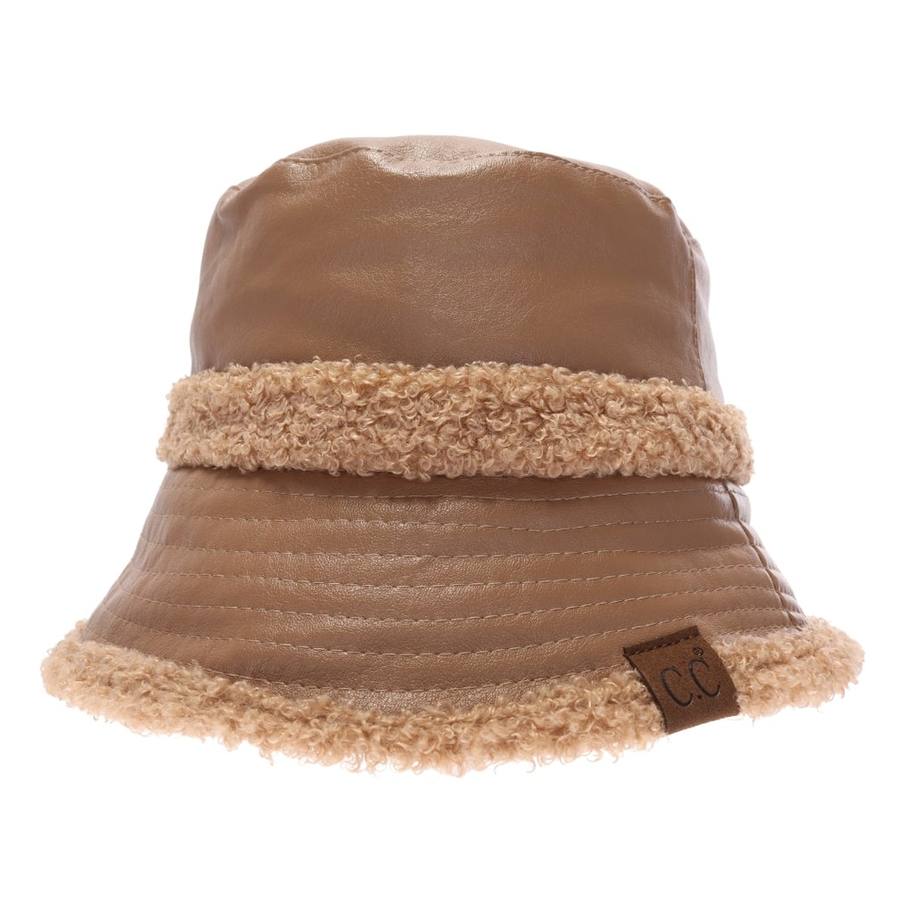 ccbeanie.com Soft Faux Leather Shearling C.C Bucket Hat Toasted Almond available at The Good Life Boutique