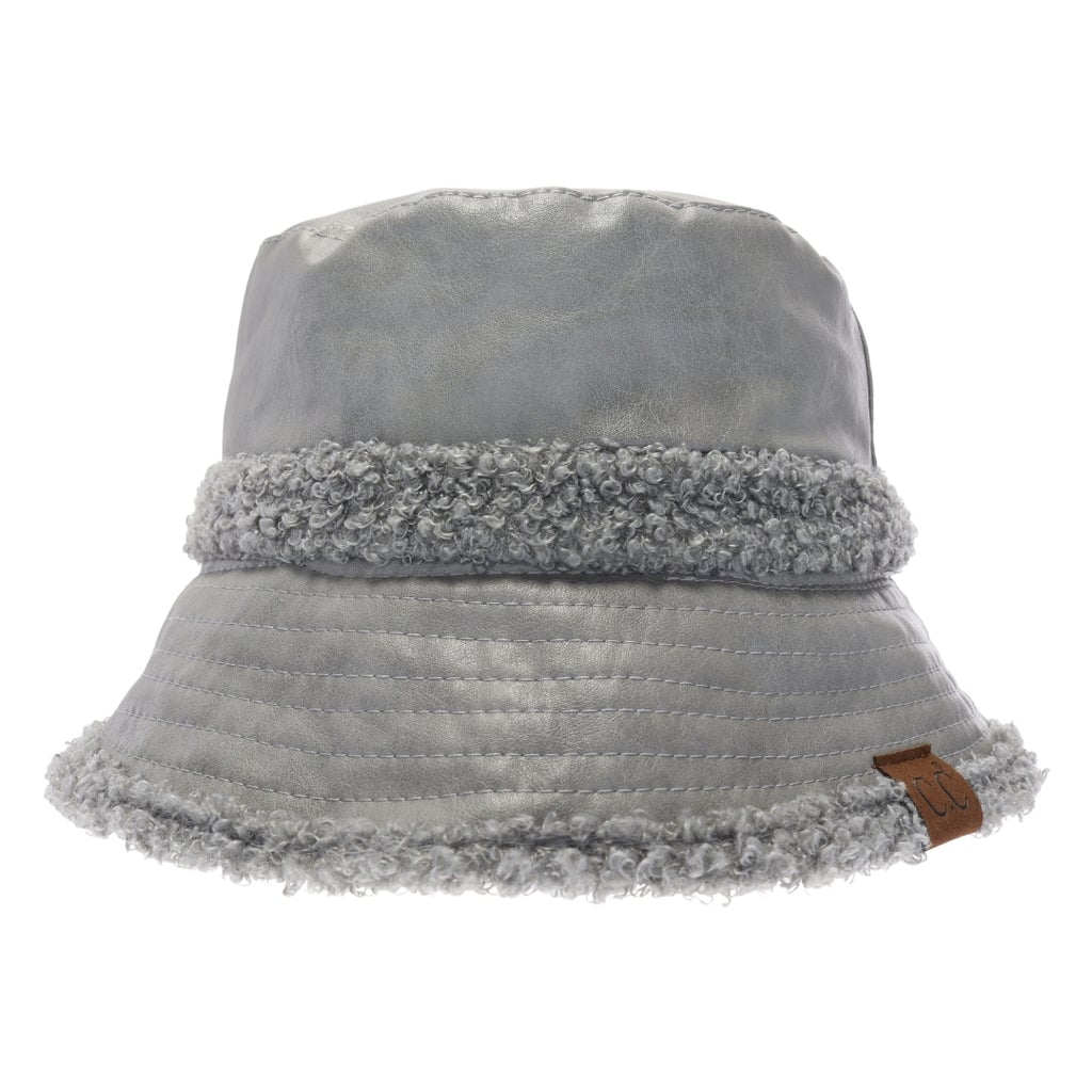 ccbeanie.com Soft Faux Leather Shearling C.C Bucket Hat Grey available at The Good Life Boutique