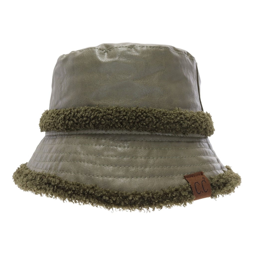ccbeanie.com Soft Faux Leather Shearling C.C Bucket Hat Olive available at The Good Life Boutique