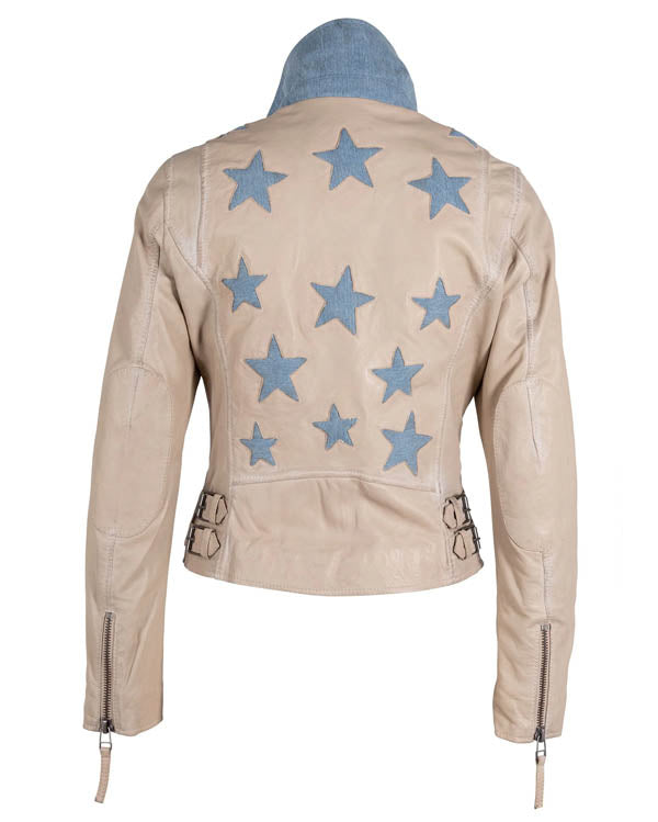 Mauritius Mauritius - Christy RF Woman's Leather Jacket - OffWhite/Denim available at The Good Life Boutique