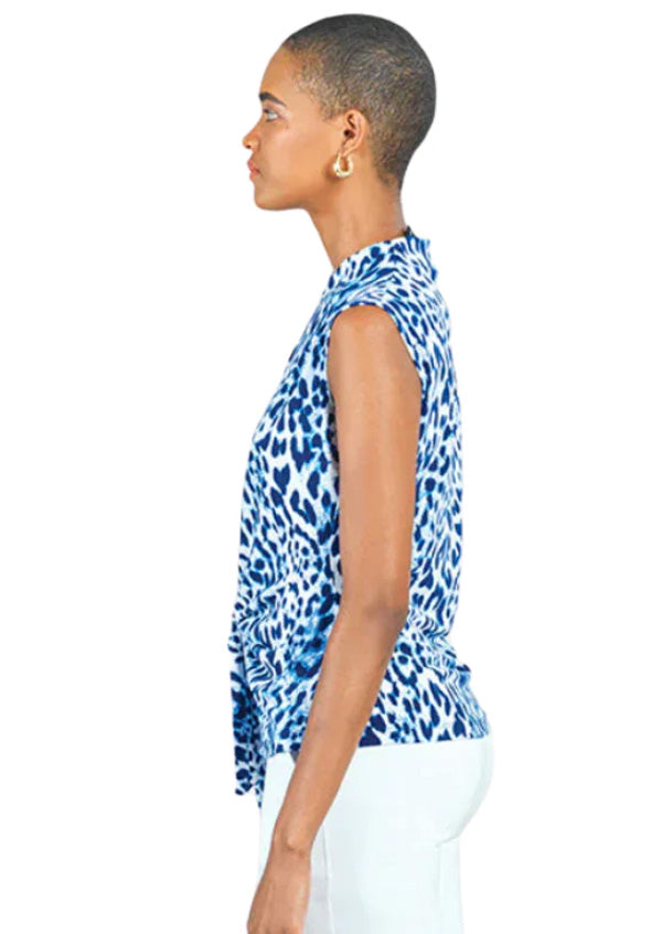 Clara Sun Woo Clara Sunwoo Animal Print Front Tie Sleeveless Knit Top - Blue/White available at The Good Life Boutique