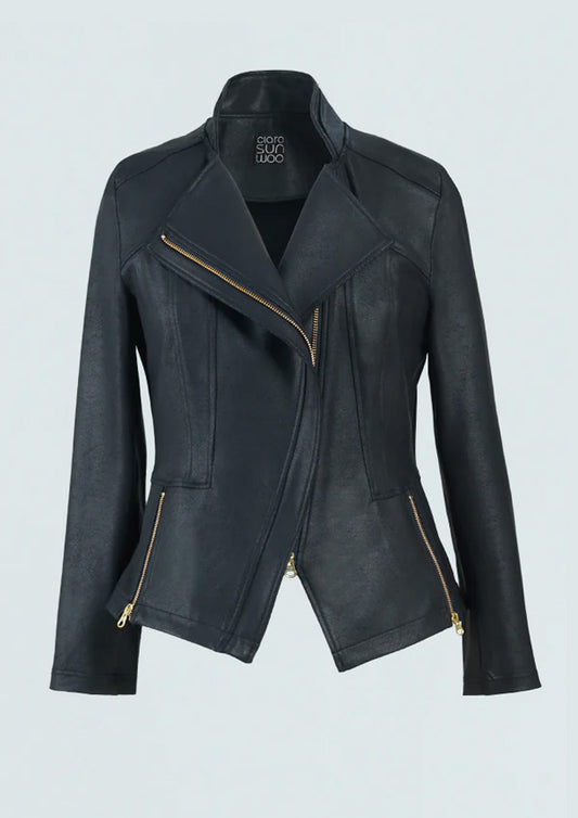 Clara Sunwoo Clara Sunwoo Classic Liquid "Leather" Jacket With Hem Zip Details - Black available at The Good Life Boutique
