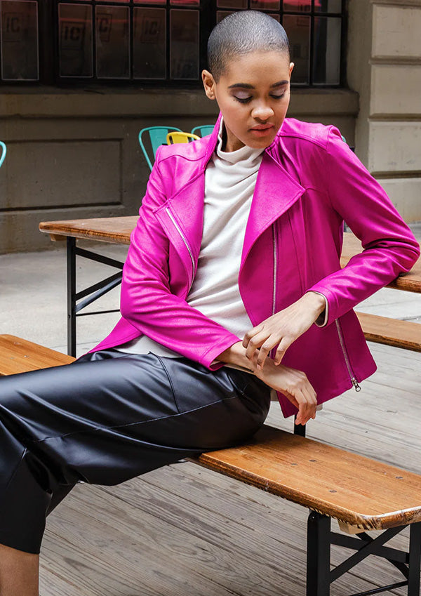 Clara Sun Woo Clara Sunwoo Classic Liquid "Leather" Jacket With Hem Zip Details - Magenta available at The Good Life Boutique