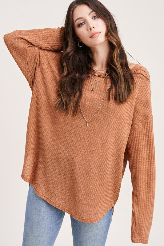 La Miel Soft And Lightweight Waffle Weave Basic Top - Ginger available at The Good Life Boutique