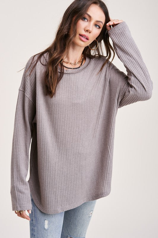 La Miel Soft And Lightweight Waffle Weave Basic Top - Mocha available at The Good Life Boutique