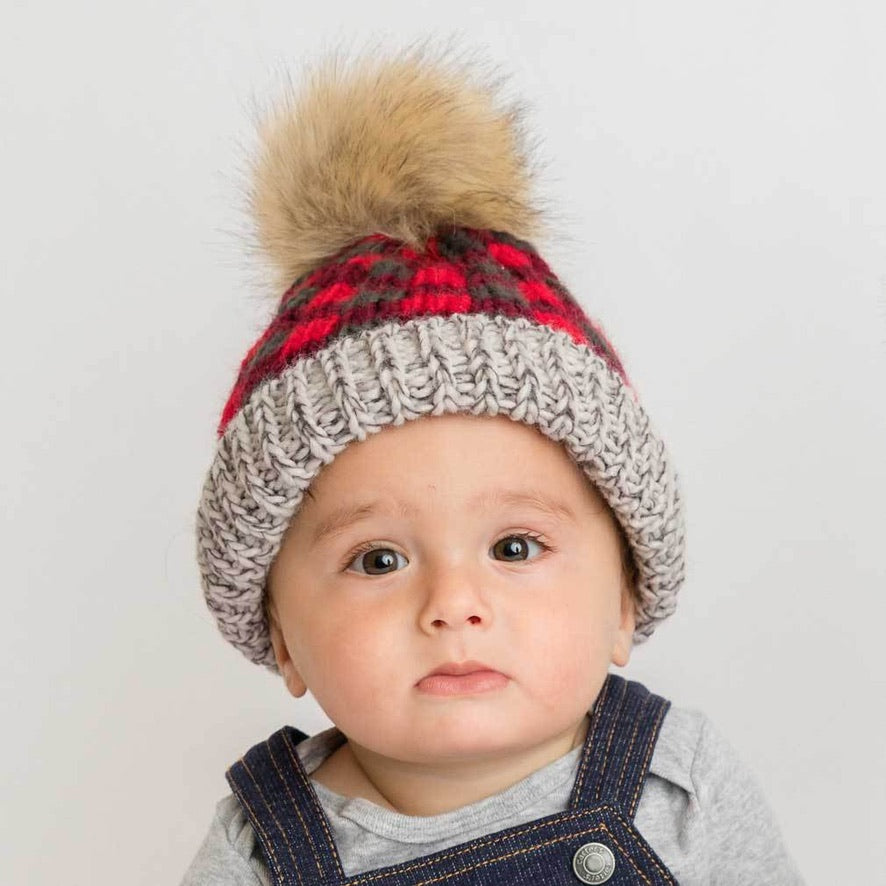 Huggalugs Red Buffalo Check Pom Pom Beanie Hat available at The Good Life Boutique