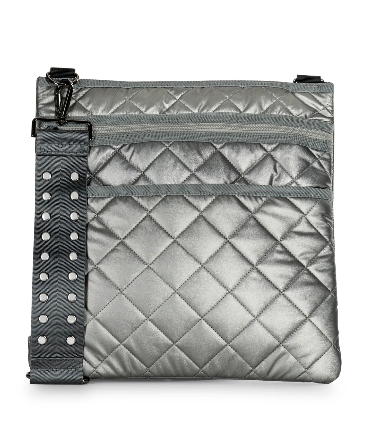 Haute Shore LTD Haute Shore - Quilted Leatherette Puffer Crossbody - Gunmetal Studded Strap available at The Good Life Boutique