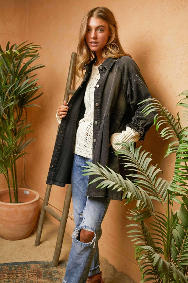 Davi & Dani Denim Button Down Mini Dress in Black Grey Large