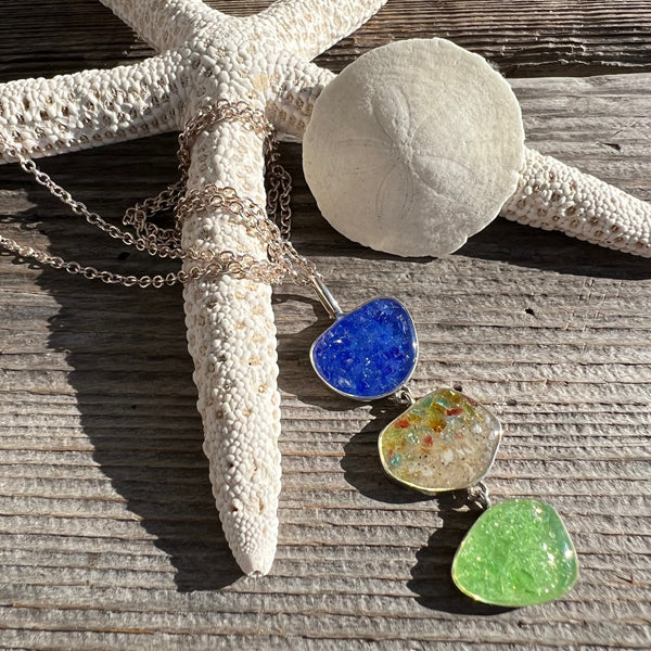 Blue Sea Glass Necklace with Sterling Sea Turtle Charm and 18