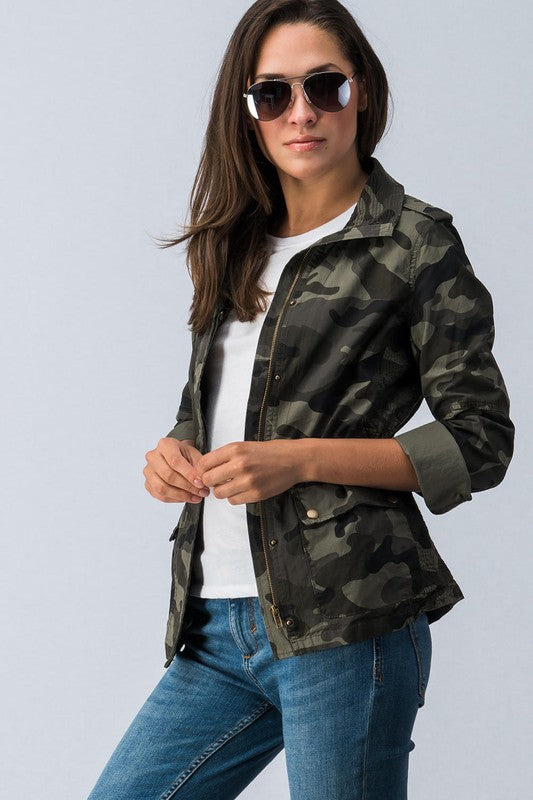 Trend:notes Camo Zip Button Down Jacket available at The Good Life Boutique