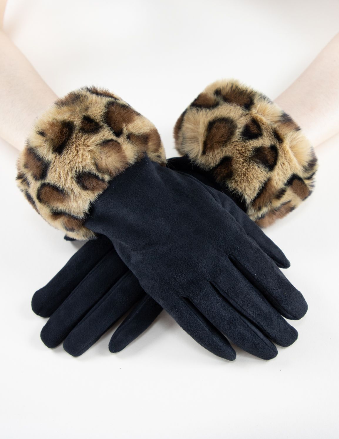 Very Moda Faux Fur Leopard Cuff Gloves - Black available at The Good Life Boutique