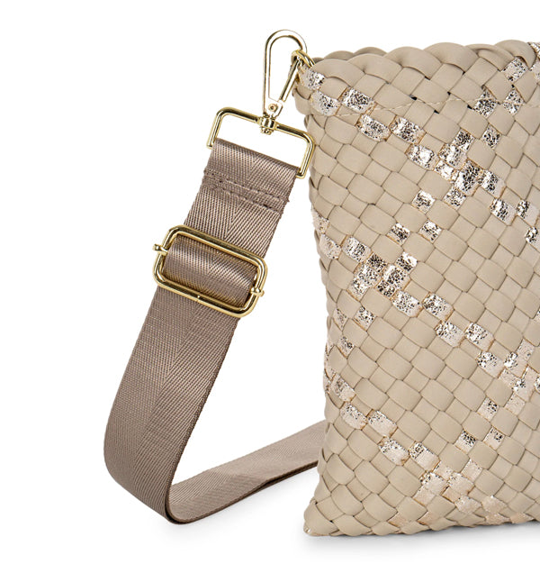 Haute Shore LTD Haute Shore -Shay Cell Bag - Shay Buff - Beige/Gold Metallic Woven Strap available at The Good Life Boutique