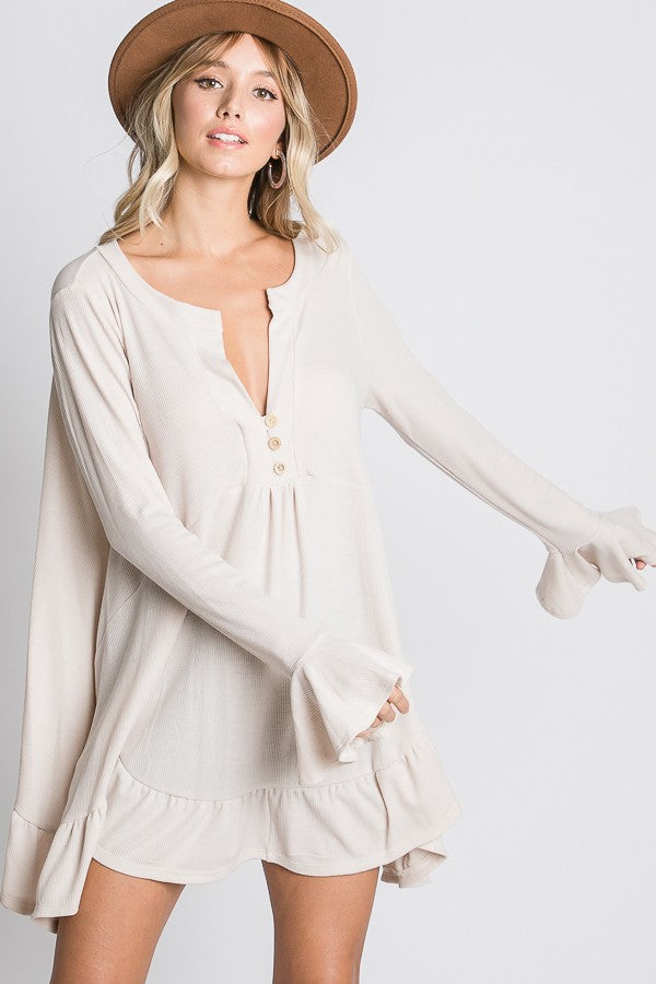 Hopely Solid Tunic With Buttons and Ruffled Hem available at The Good Life Boutique