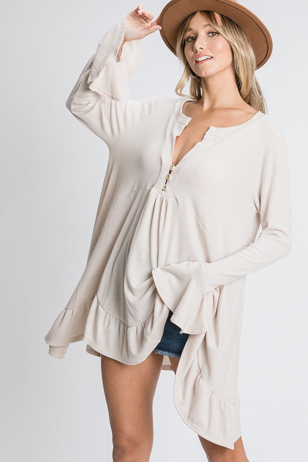 Hopely Solid Tunic With Buttons and Ruffled Hem available at The Good Life Boutique