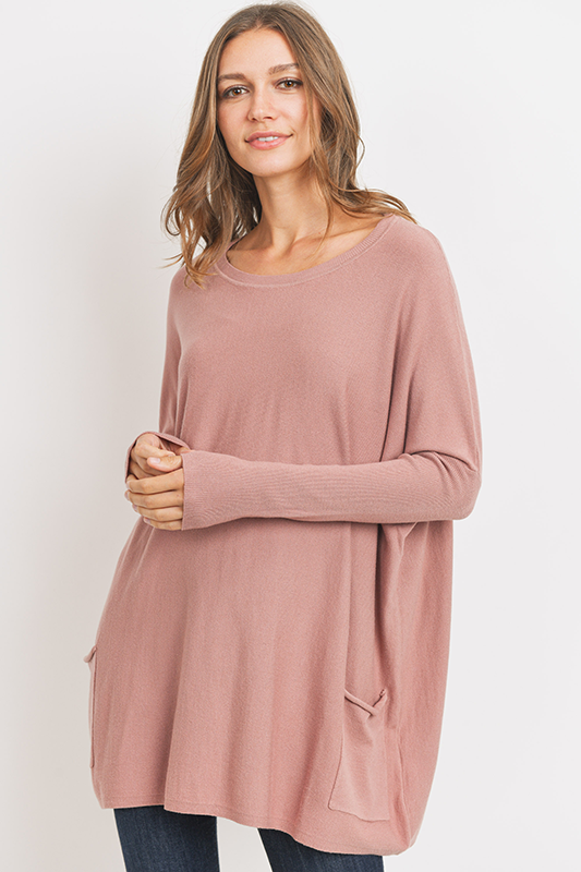 Tea N Rose Oversized 2 Pocket Sweater - Dusty Rose available at The Good Life Boutique