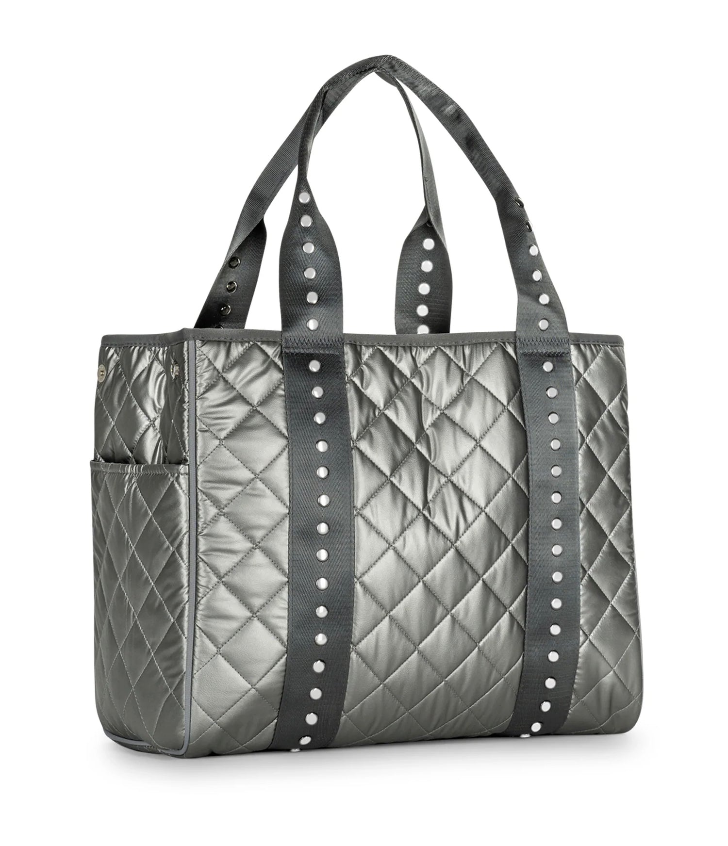 Haute Shore LTD Haute Shore Jaime-Iron - Pewter Leatherette Quilted Puffer Tote - Gunmetal Strap available at The Good Life Boutique