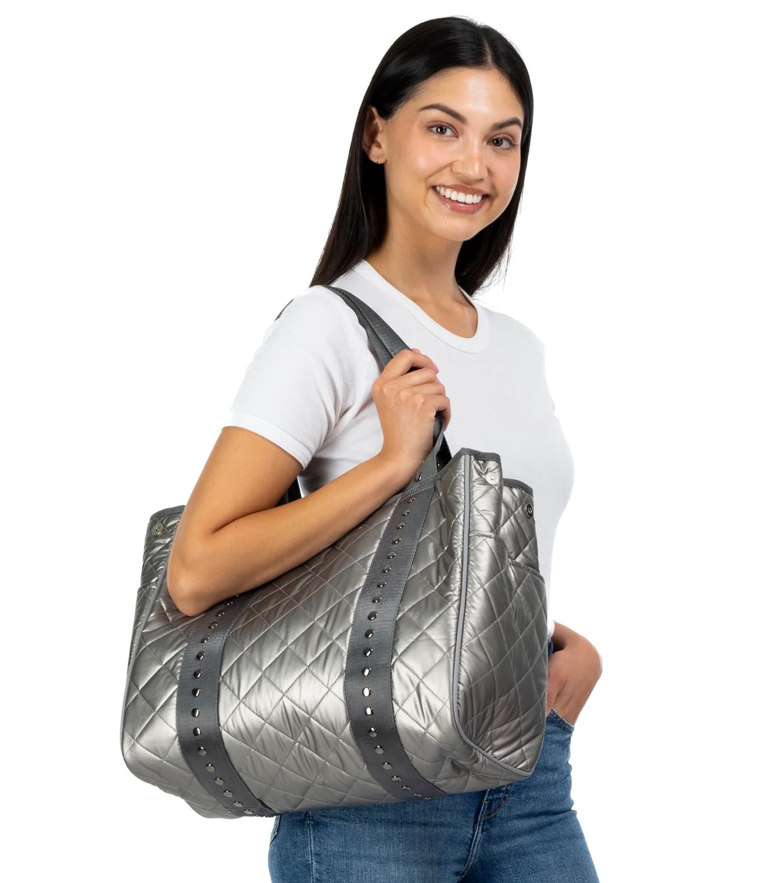 Haute Shore LTD Haute Shore Jaime-Iron - Pewter Leatherette Quilted Puffer Tote - Gunmetal Strap available at The Good Life Boutique