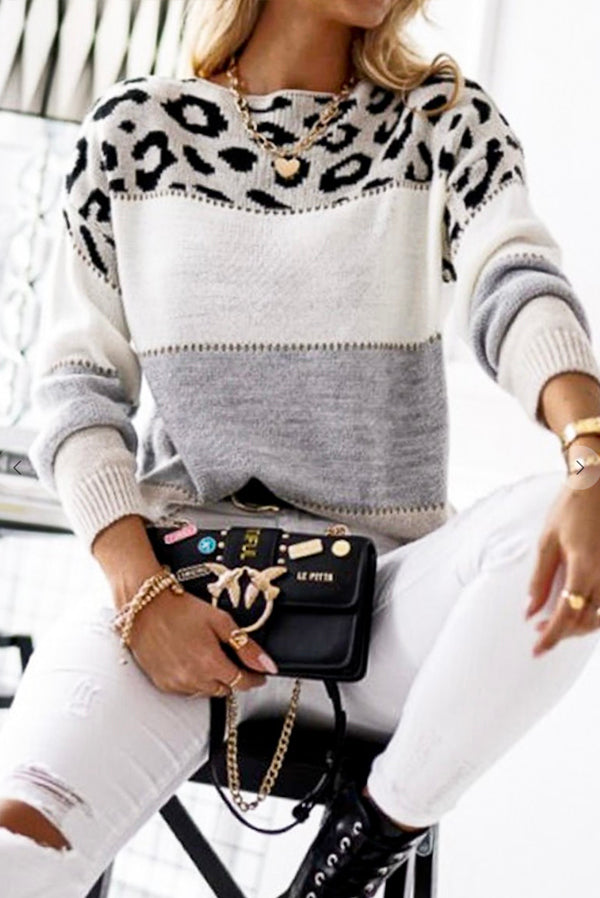 Mazik Leopard Print Contrast Color Block Sweater available at The Good Life Boutique