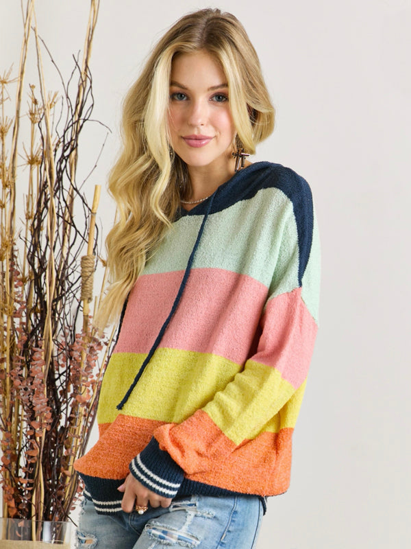 Adora Long Sleeve Color Block Hooded Sweater - Multi Color available at The Good Life Boutique