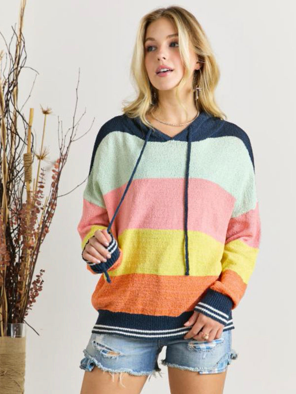 Colorblock Raibow Striped Hooded Sweatshirts For Women – sunifty