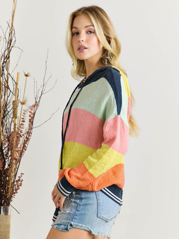 Adora Long Sleeve Color Block Hooded Sweater - Multi Color available at The Good Life Boutique