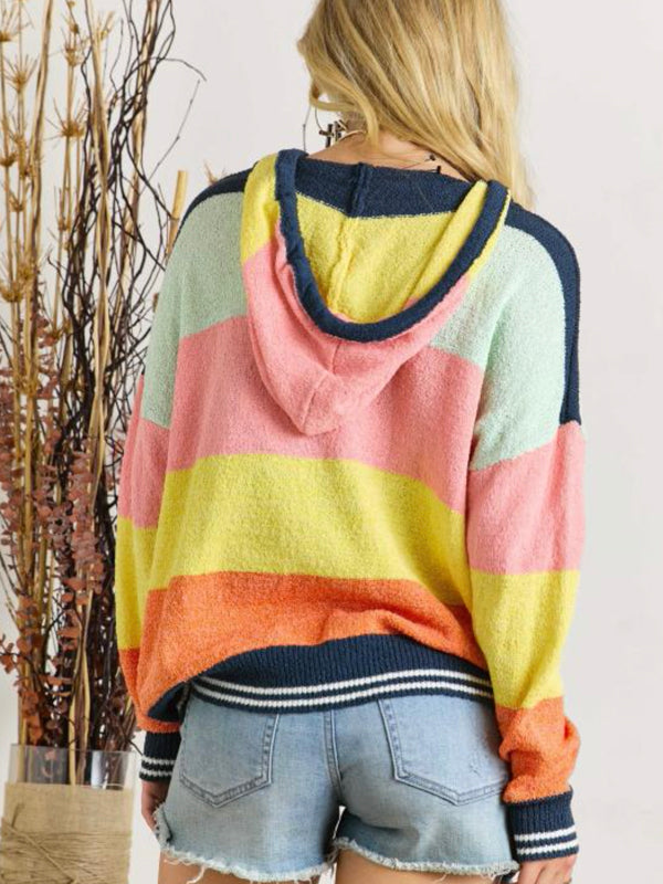 Adora Long Sleeve Color Block Hooded Sweater - Multi Color available at The Good Life Boutique