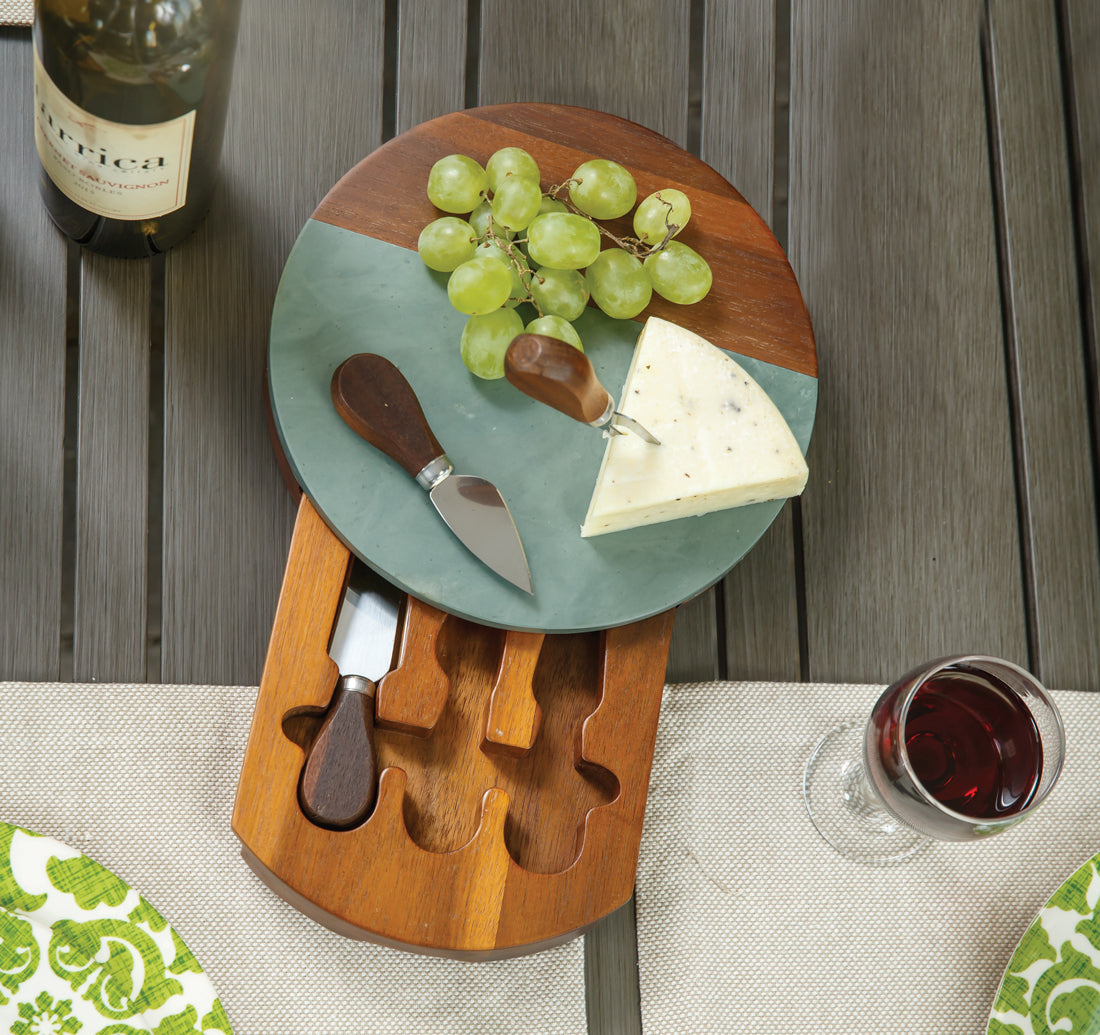 Oak & Olive - Picnic Plus Winslow Round Marble & Wood Cheese Board Set with 3 Tools available at The Good Life Boutique