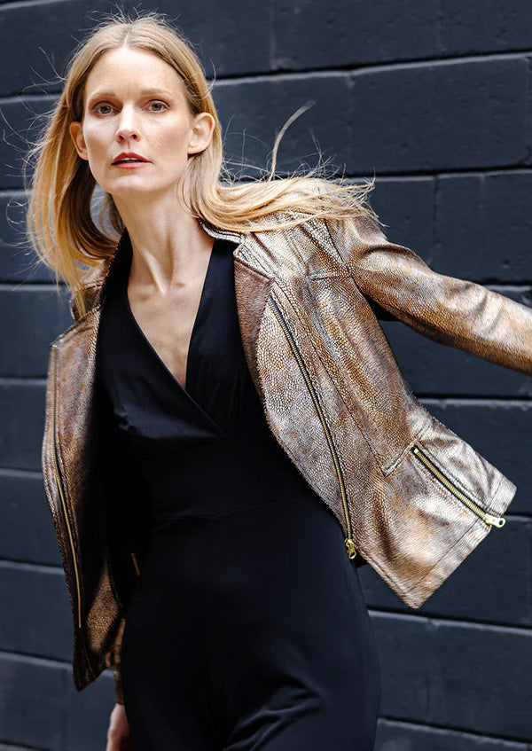 Clara Sun Woo Clara Sunwoo Metallic Liquid Leather Signature Jacket Copper Print - Zip Hem available at The Good Life Boutique
