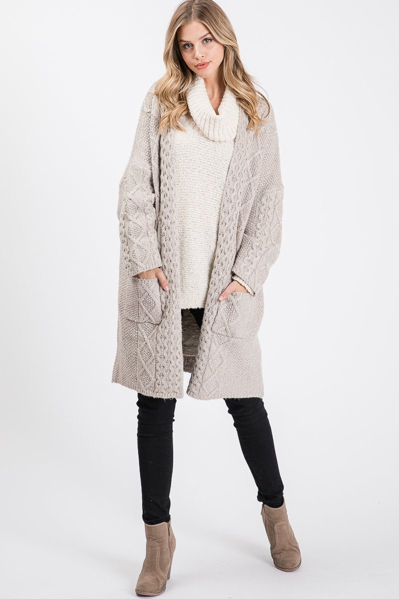 Allie Rose Cable Knit Front Open Long Cardigan available at The Good Life Boutique