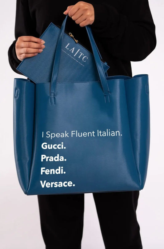 LA Trading Co Never Full tote - Fluent Italian - Indigo Blue available at The Good Life Boutique