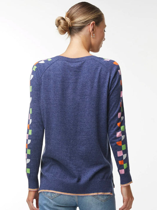 Zaket & Plover Zaket & Plover - Pattern Sleeve Sweater - Denim available at The Good Life Boutique