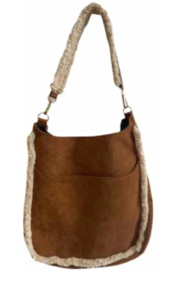 AHDORNED Suede Camel Classic Messenger w/Cream Sherpa Trim & 2 Straps available at The Good Life Boutique
