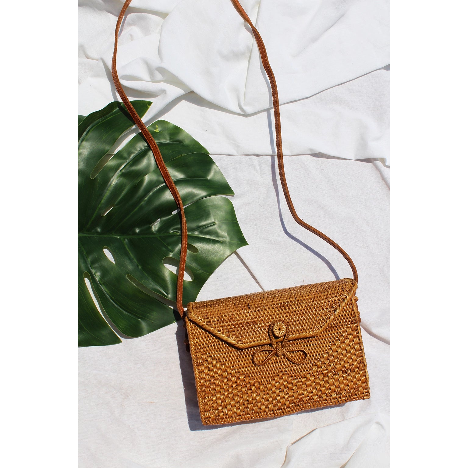 Bali Envelope Rattan Crossbody Bag with Adjustable Leather Strap