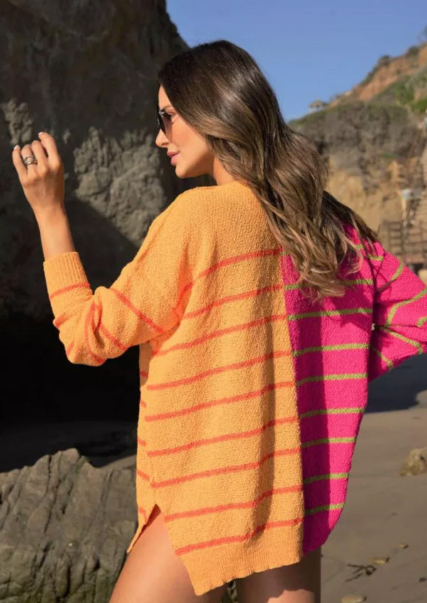 Davi&Dani Textured Multi Color Sweater - Fuchsia/Orange available at The Good Life Boutique