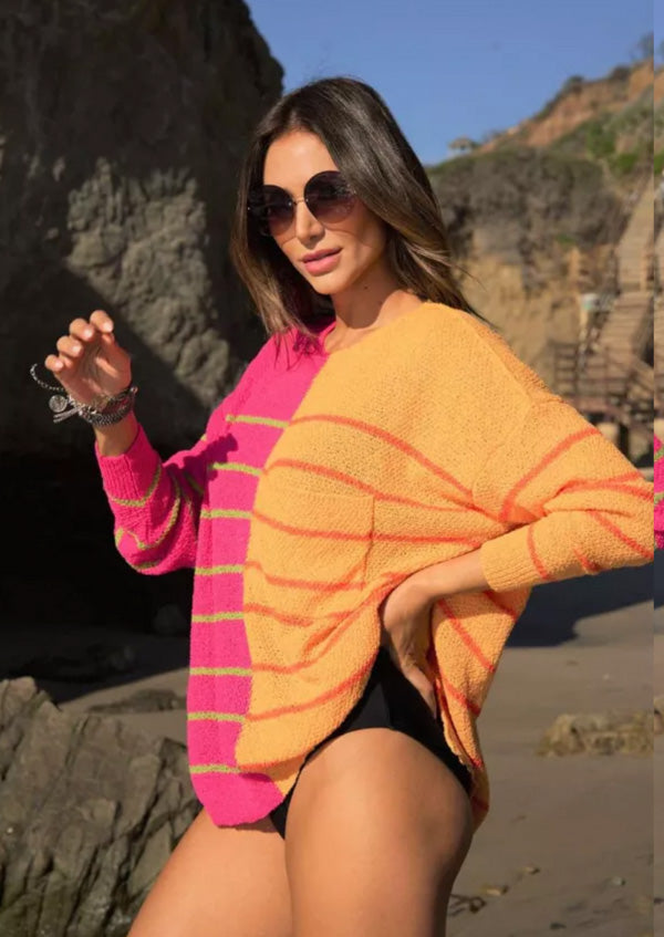 Davi&Dani Textured Multi Color Sweater - Fuchsia/Orange available at The Good Life Boutique