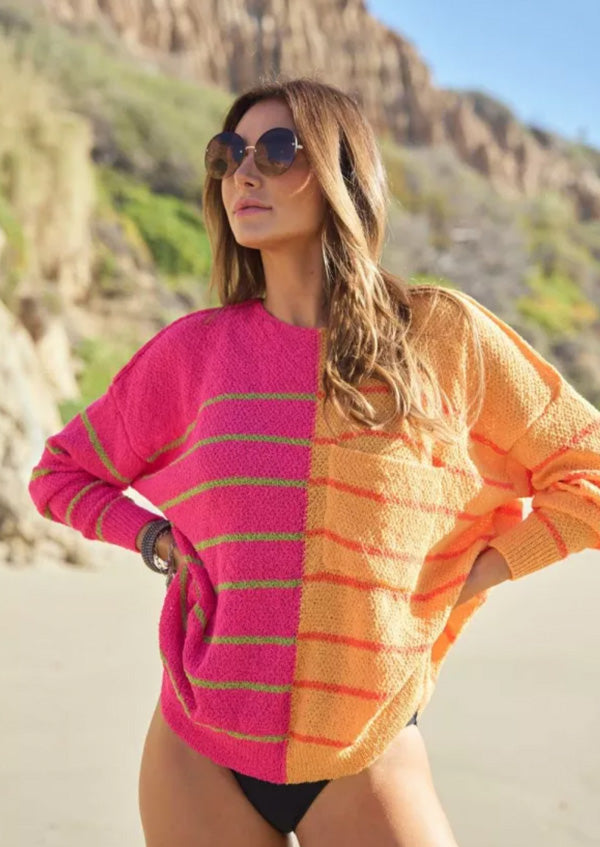 Davi&Dani Textured Multi Color Sweater - Fuchsia/Orange available at The Good Life Boutique
