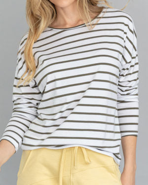 Zenara Striped L/S Top - Military/White available at The Good Life Boutique
